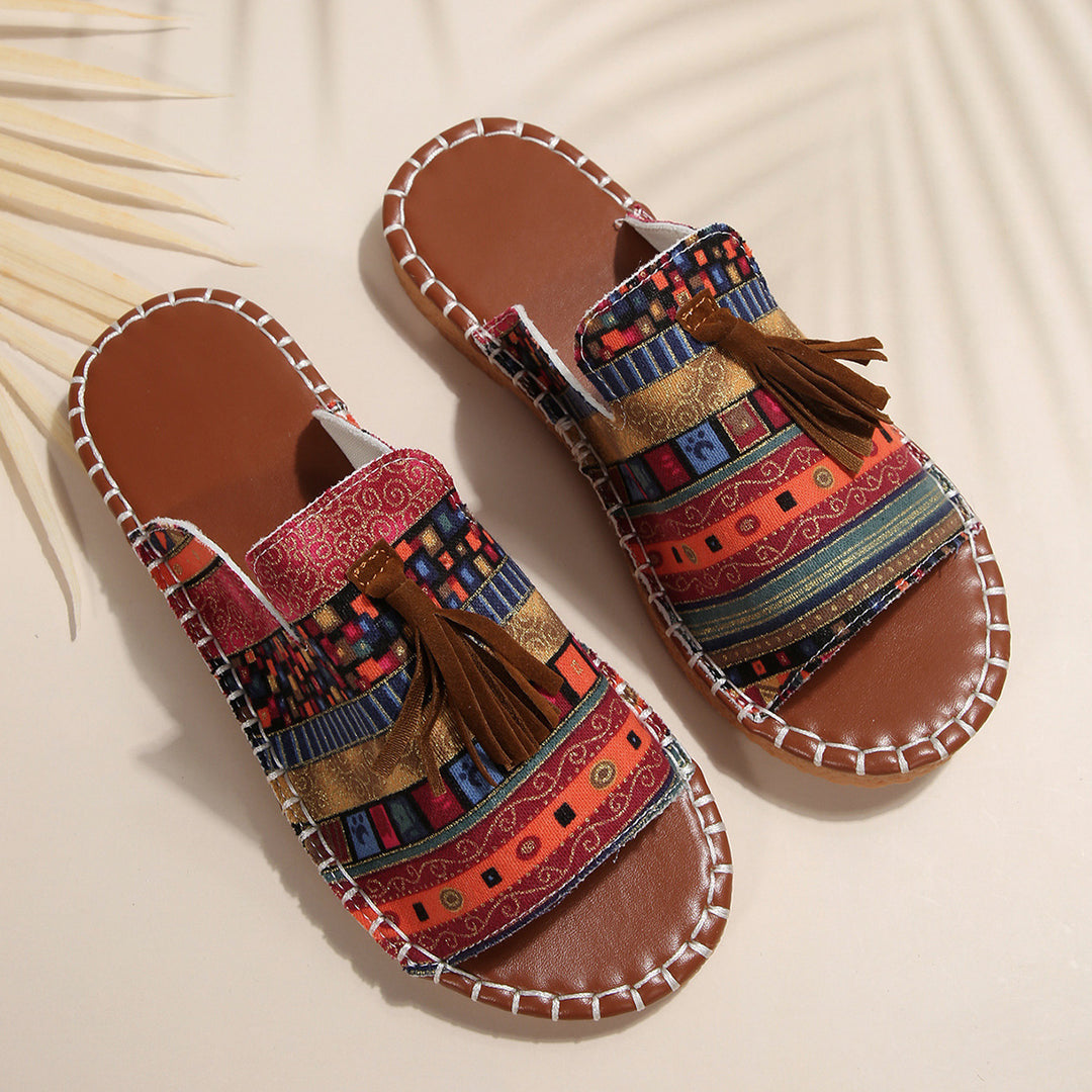 Damen Lifestyle Pantoletten mit verspieltem Tassel-Design und buntem Webmuster R&B