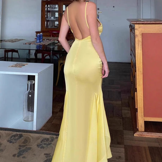 Damen Elegantes Maxikleid mit tiefem V-Ausschnitt und Schlitz R&B
