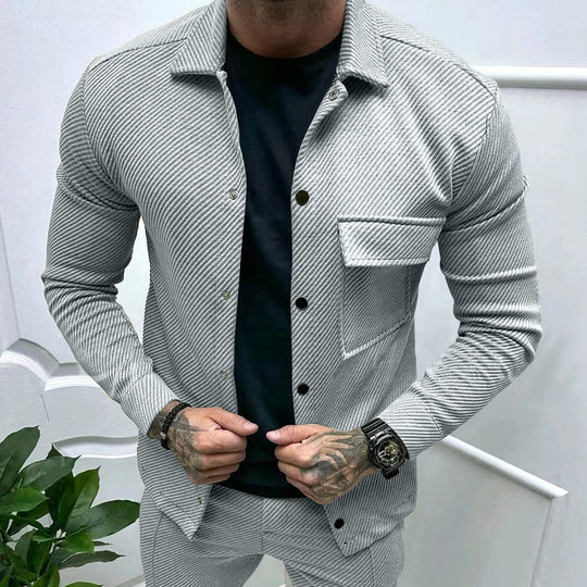 Herren nan schlanke Rippenstruktur-Überhemdjacke mit Druckknopfverschluss und Brustklappe R&B