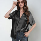 Damen kurzärmelige Bluse mit elegantem Knoten und glänzender Satin-Optik R&B