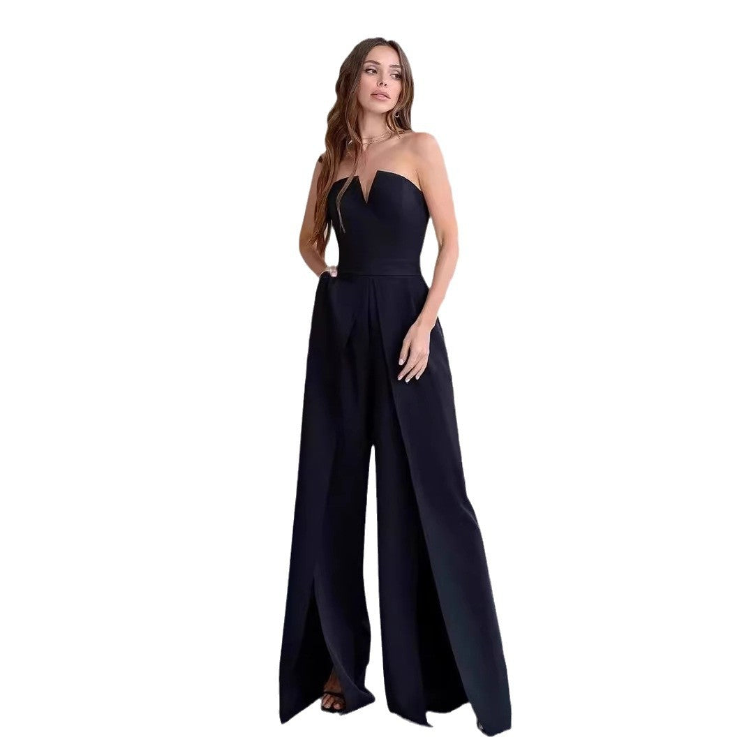 Damen Eleganter Jumpsuit mit tiefem V-Ausschnitt und schwingenden Beinnähten EB