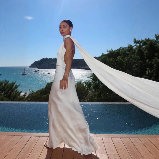 Damen Elegantes Abendkleid mit fließendem Design und schulterfreier Kapuze R&B