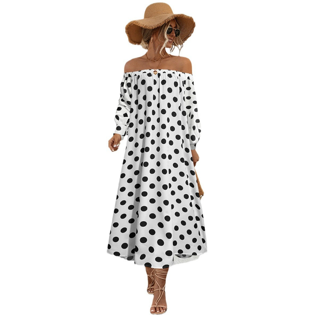 Damen Off-Shoulder Maxikleid mit Polka-Dots und elastischem Bund R&B