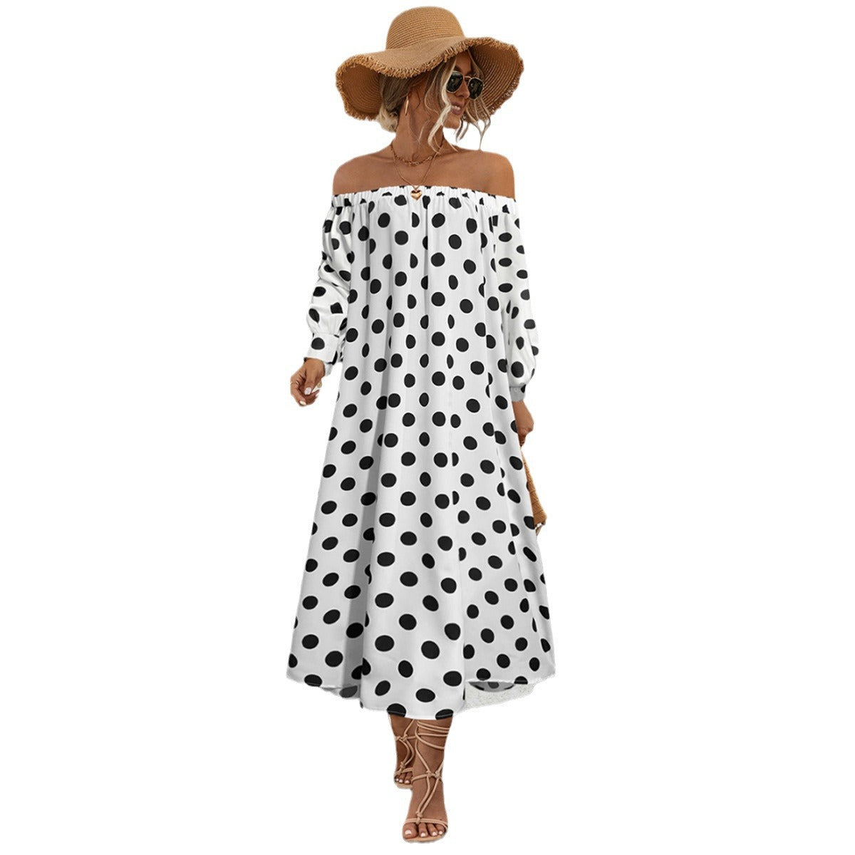 Damen Off-Shoulder Maxikleid mit Polka-Dots und elastischem Bund R&B