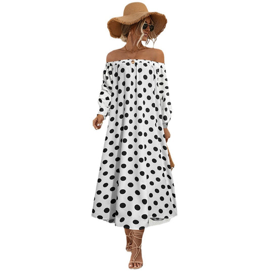 Damen Off-Shoulder Maxikleid mit Polka-Dots und elastischem Bund R&B