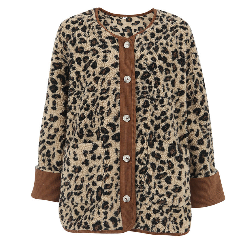 Damen Kuschelweiche Leopardmuster Jacke mit Knopfverschluss und hohem Kragen R&B