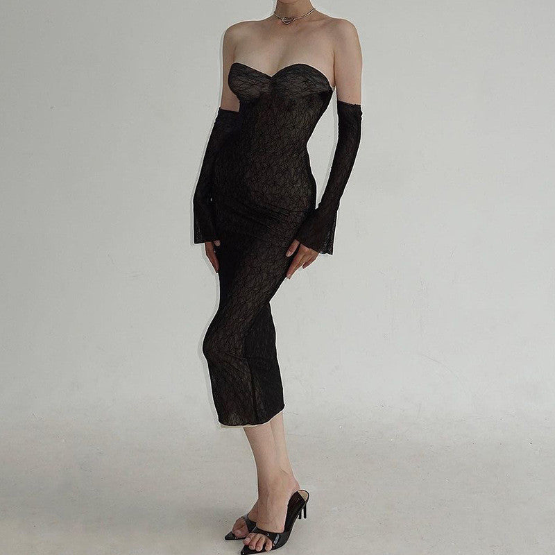 Damen figurbetontes Spitzenkleid mit schulterfreien Ärmeln und elegantem Design R&B