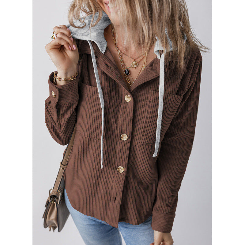 Damen lässige Hemdjacket mit Kapuze und seitlichen Taschen R&B