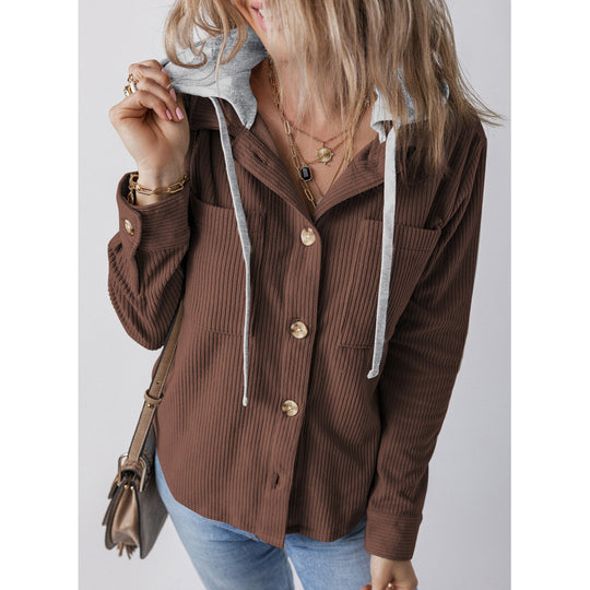 Damen lässige Hemdjacket mit Kapuze und seitlichen Taschen R&B