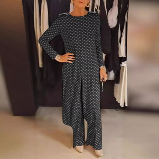 Damen nan Pünktchen-Lounge-Ensemble mit langer A-Linien-Tunika, mittigem Frontschlitz und weiter Palazzohose R&B