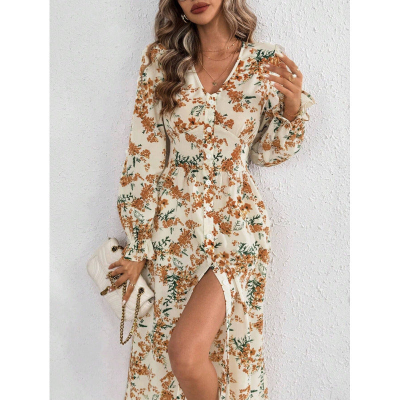 Damen Maxi-Kleid mit floralen Mustern und langem Arm R&B