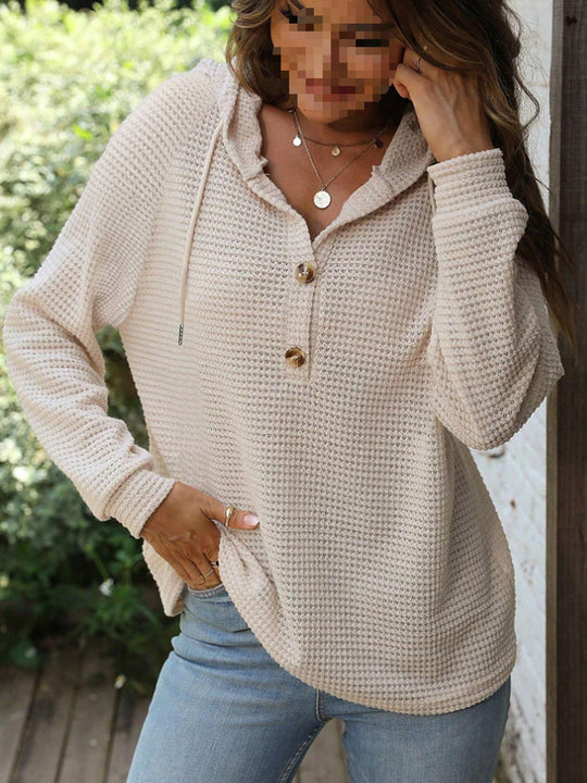 Damen lässiger Kapuzenpullover mit Knopfdetails und strukturiertem Gewebe R&B