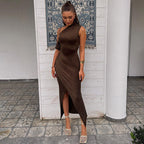 Damen elegantes Bodycon Abendkleid mit asymmetrischem Ausschnitt und Schlitz R&B