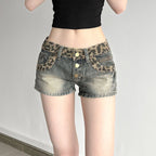 Damen Kurze Jeansshorts mit Leopardenmuster und gerafftem Bund R&B