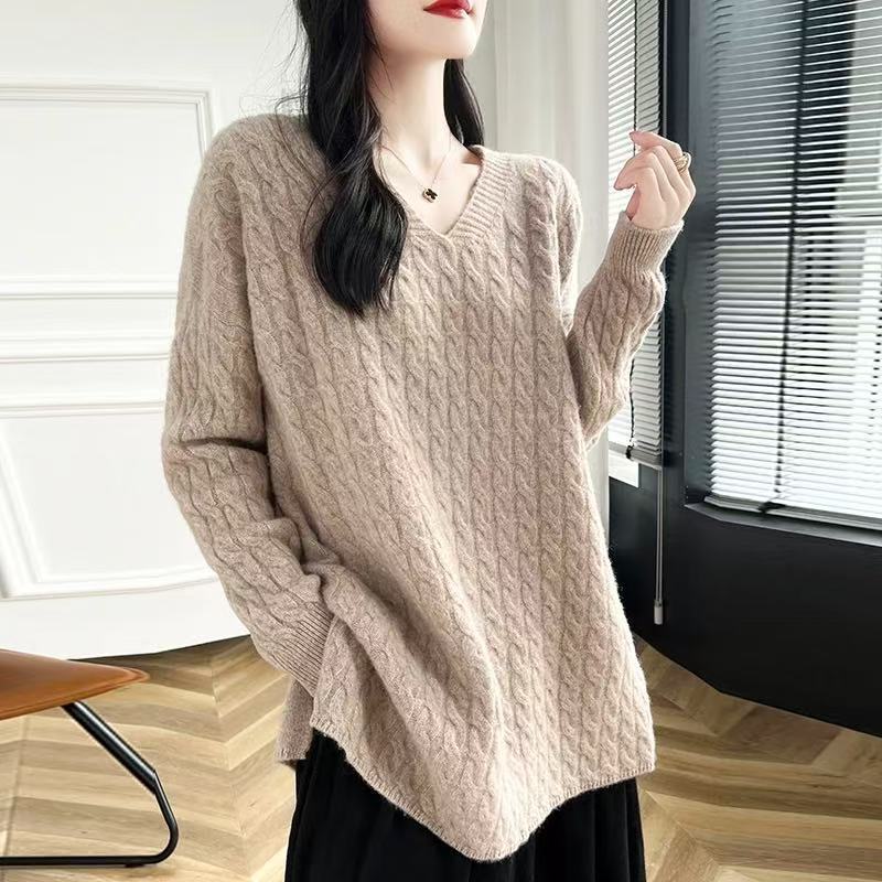 Damen Grobstrickpullover mit V-Ausschnitt und lässigem Schnitt R&B
