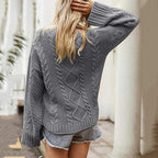 Damen modischer Strickpullover mit eleganten Zopfmustern und leichtem Rollkragen R&B