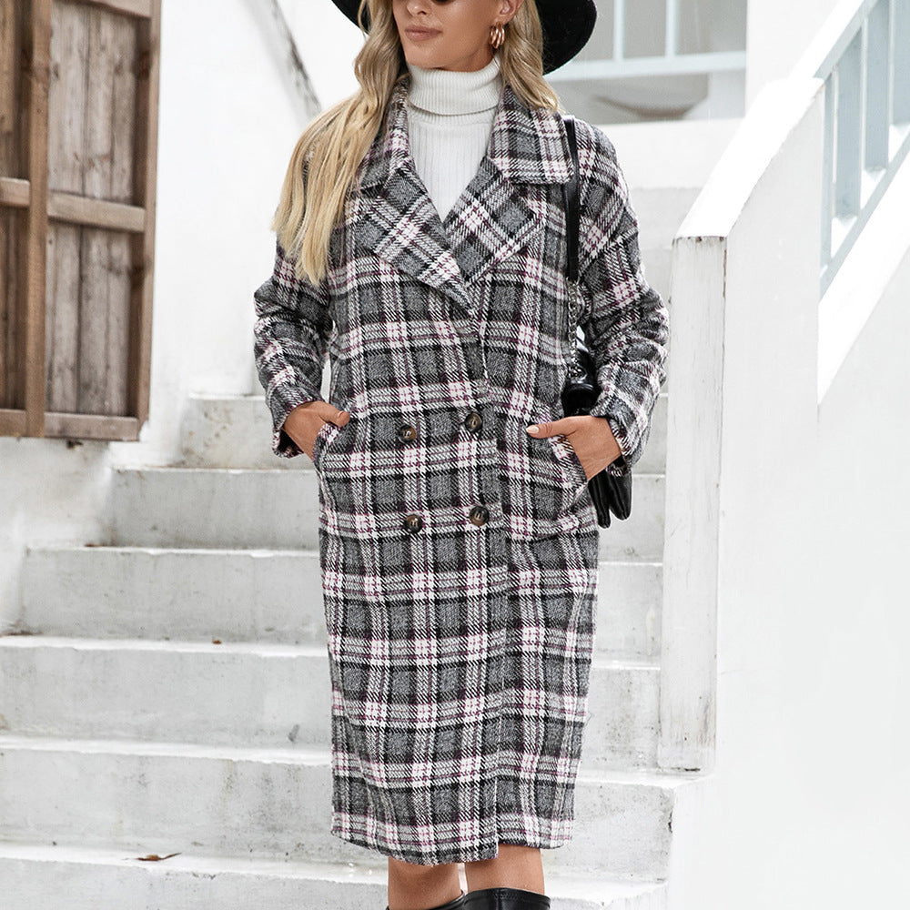Damen Oversized Karo-Mantel im eleganten Double-Breasted Design
