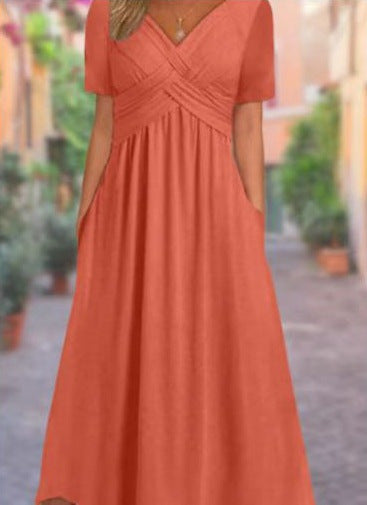 Damen nan luftiges V-Ausschnitt Midikleid mit überkreuzter Brustpartie, kurzen Ärmeln und Eingrifftaschen R&B