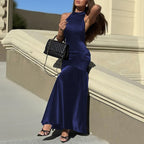 Damen Elegantes Maxikleid mit hohem Kragen und ausgestelltem Rock R&B