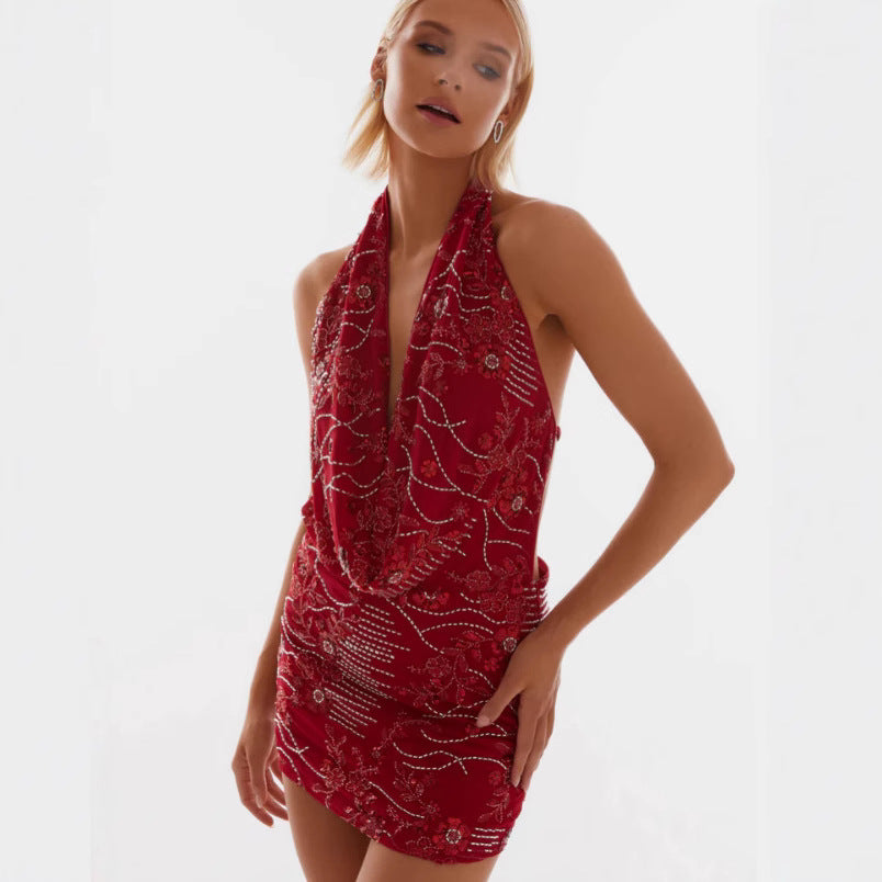 Damen Glamouröses Etuikleid mit tiefem V-Ausschnitt und besticktem Design R&B