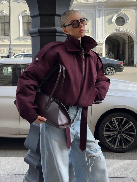 Damen oversized Übergangsjacke mit hohem Kragen und Bindegürtel R&B