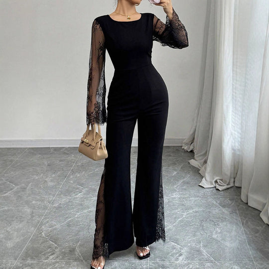 Damen Eleganter Jumpsuit mit schimmernder Spitze und weitem Bein R&B