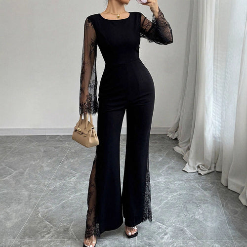 Damen Eleganter Jumpsuit mit schimmernder Spitze und weitem Bein R&B