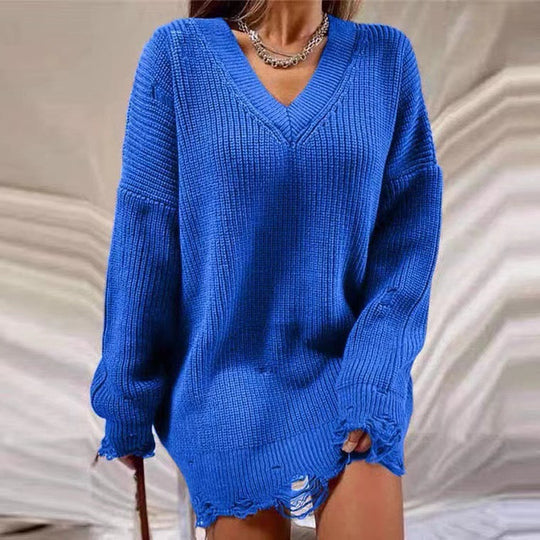 Damen Grobstrick Pullover mit V-Ausschnitt und lässigem Schnitt R&B