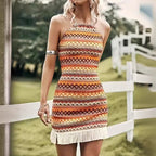 Damen verspieltes Mini-Strandkleid mit Fransen und geometrischem Muster R&B