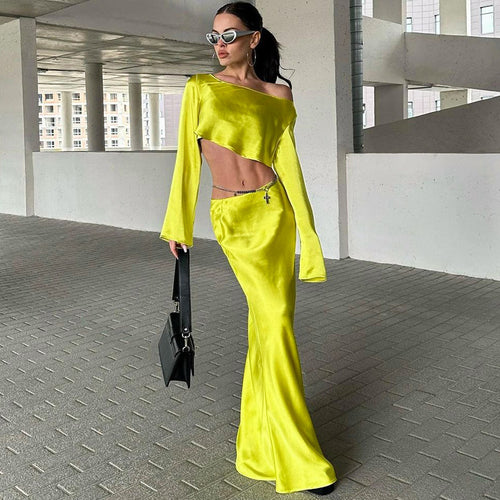 Damen Asymmetrisches Crop-Top mit langem Arm und fließendem Rock R&B