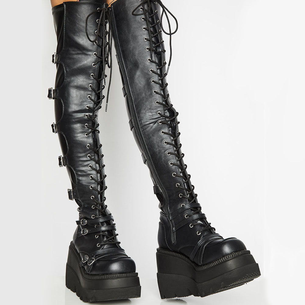 Damen Hochformatige Plateau-Stiefel mit modischem Reißverschluss und Schnür-Design R&B