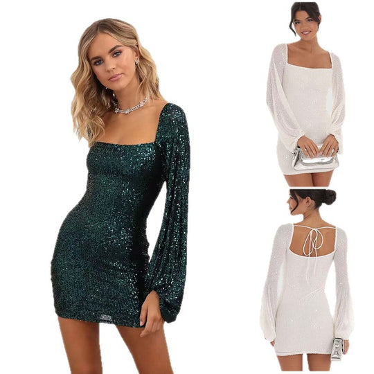 Damen Glamouröses Minikleid mit eleganten Puffärmeln und schimmernden Pailletten R&B