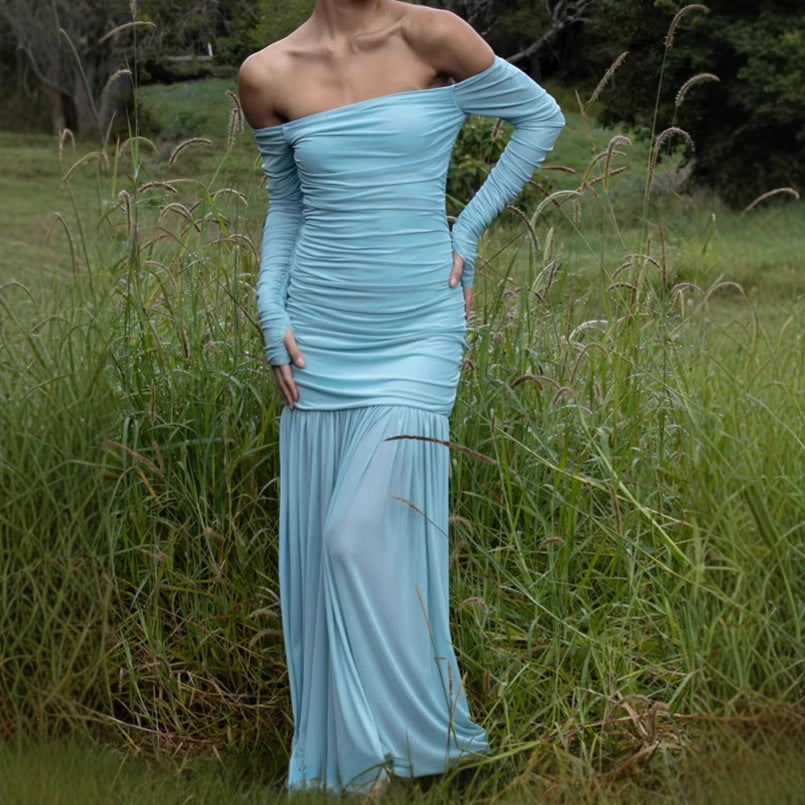 Damen Elegantes Off-Shoulder Maxikleid mit figurbetontem Design und fließendem Rock R&B