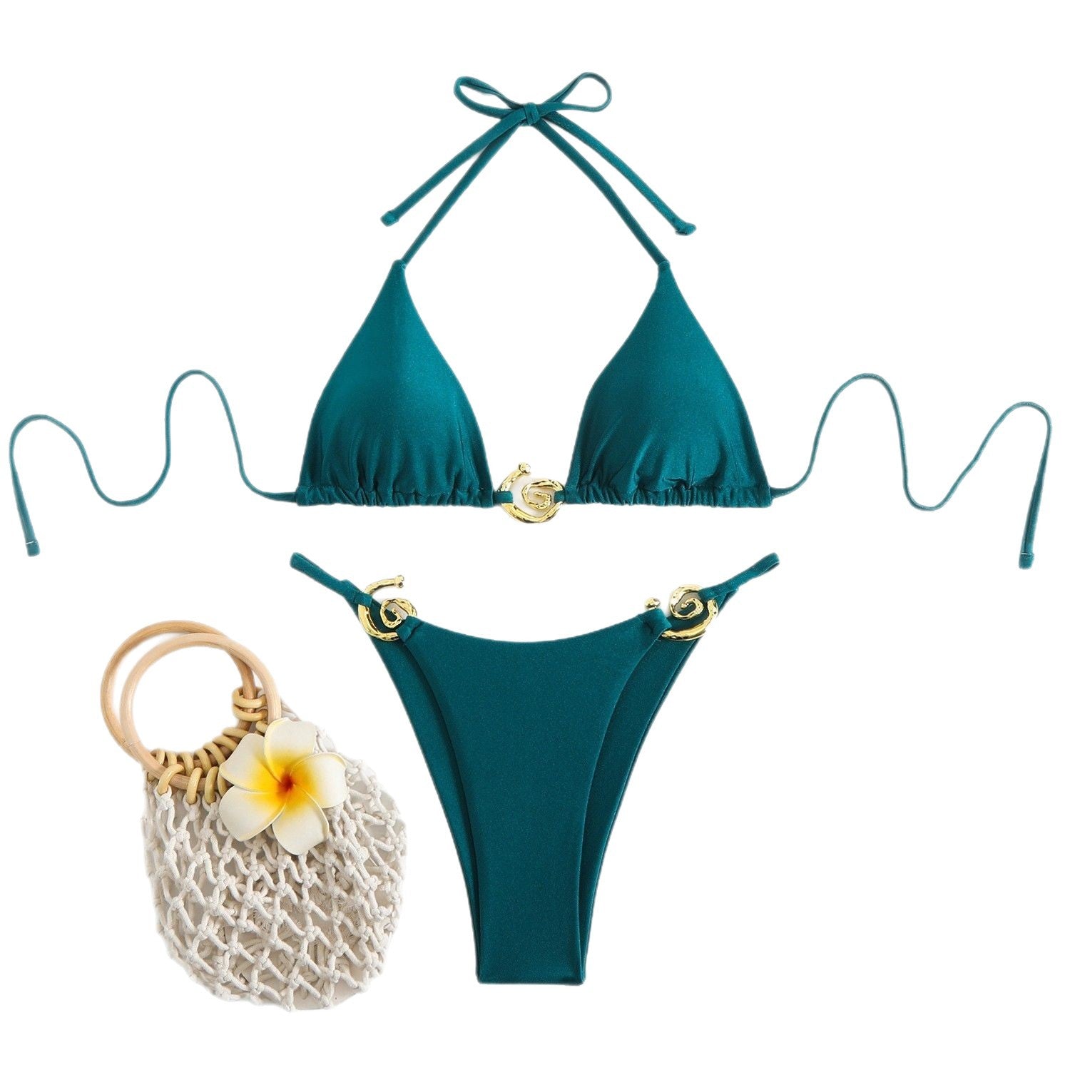 Damen Triangel-Bikini mit goldenen Akzenten und verstellbaren Trägern R&B