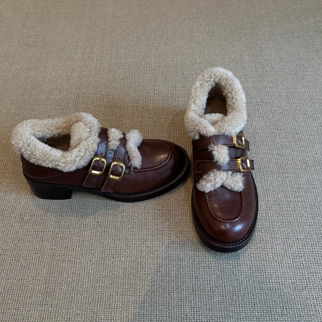 Damen gefütterte Clogs mit dekorativen Schnallen und weichem Kunstfellkragen R&B