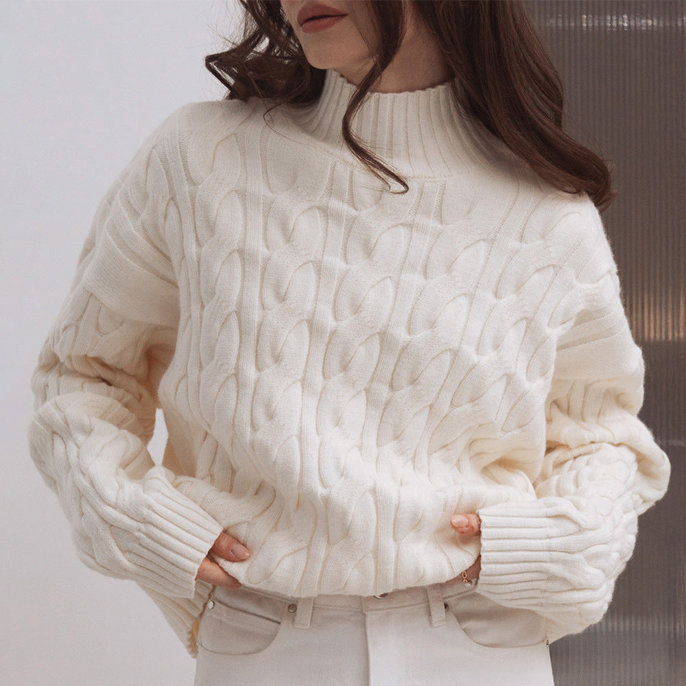 Damen Gemusterter Strickpullover mit hohem Kragen R&B