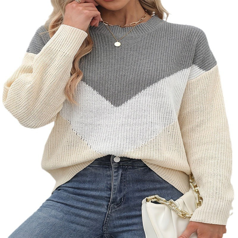Damen Strickpullover mit V-Ausschnitt und Farbblockdesign R&B