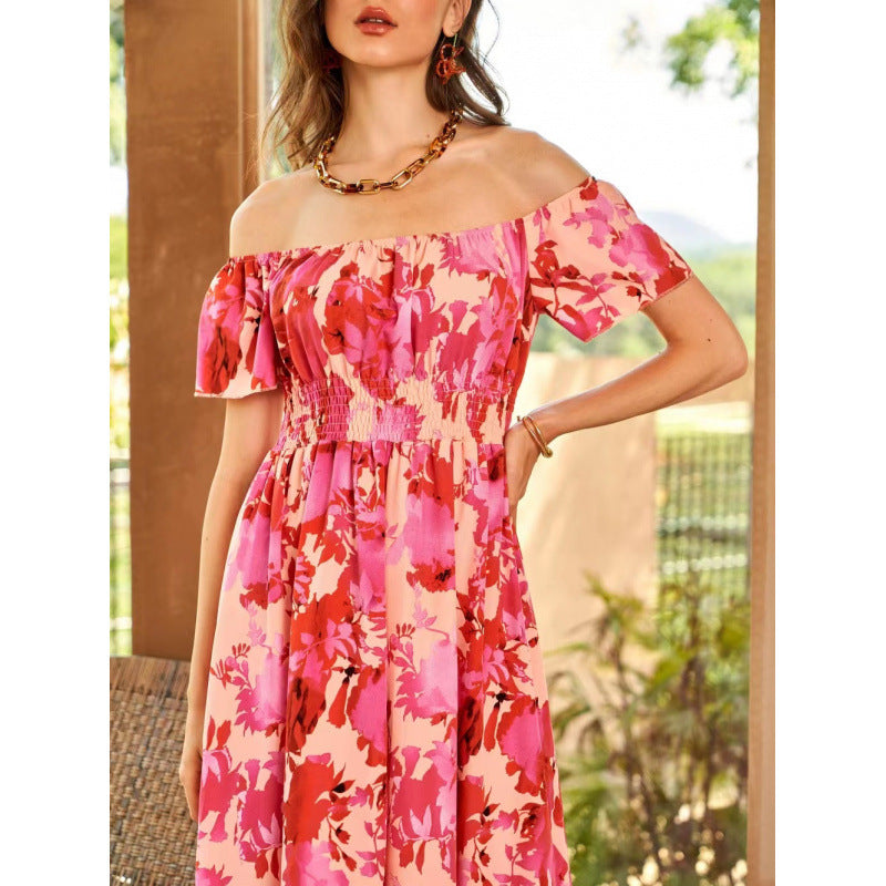Damen Off-Shoulder Midikleid im floralen Design mit elastischem Oberteil und voluminösem Rock R&B