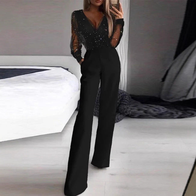 Damen Elegante Jumpsuit mit transparenter Bluse und schimmernden Akzenten EB