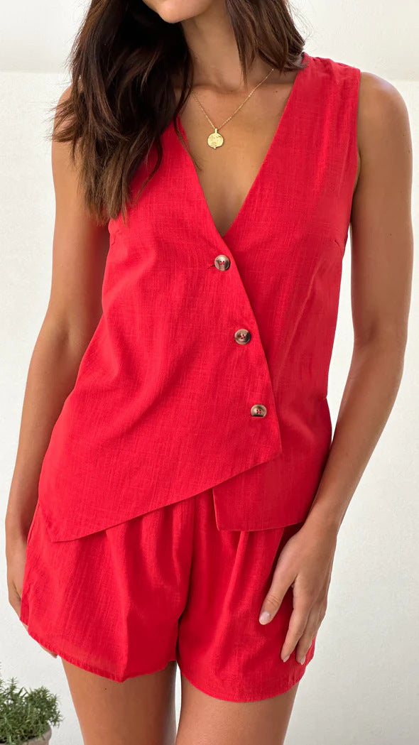 Damen lässiges Sommer-Outfit mit V-Ausschnitt und asymmetrischem Schnitt R&B