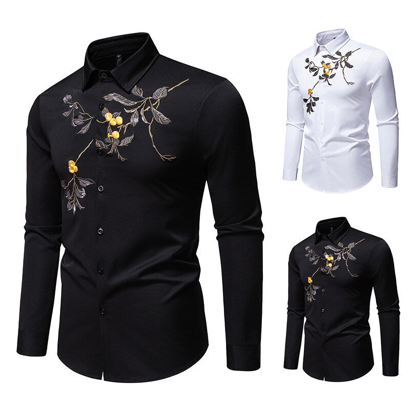 Herren elegantes Langarmhemd mit floraler Stickerei