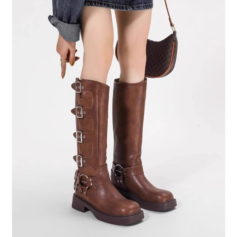 Damen Stiefel mit modischen Schnallen und robustem Blockabsatz R&B