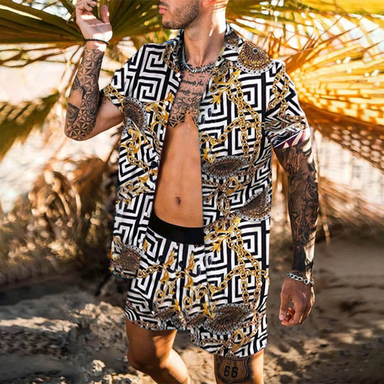 Herren nan barockgemustertes Kurzarm-Hemd mit passender locker geschnittener Shorts R&B