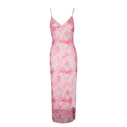 Damen elegantes Maxikleid mit floralem Muster und seitlichem Schlitz R&B