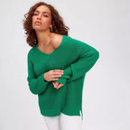 Damen lässiger Strickpullover mit tiefem V-Ausschnitt und seitlichen Schlitzen R&B