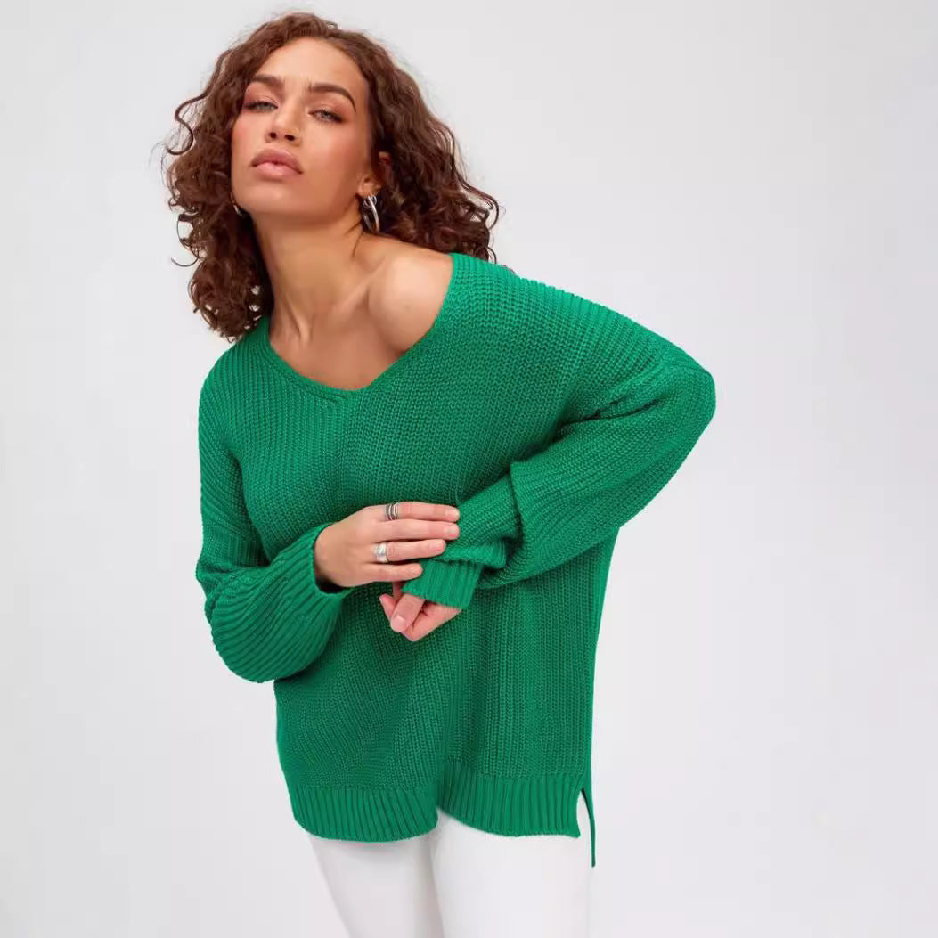 Damen lässiger Strickpullover mit tiefem V-Ausschnitt und seitlichen Schlitzen R&B