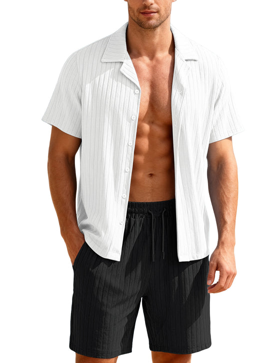 Herren nan geripptes Feinstrick-Lounge-Set mit kurzärmligem Revershemd und Kordelshorts R&B