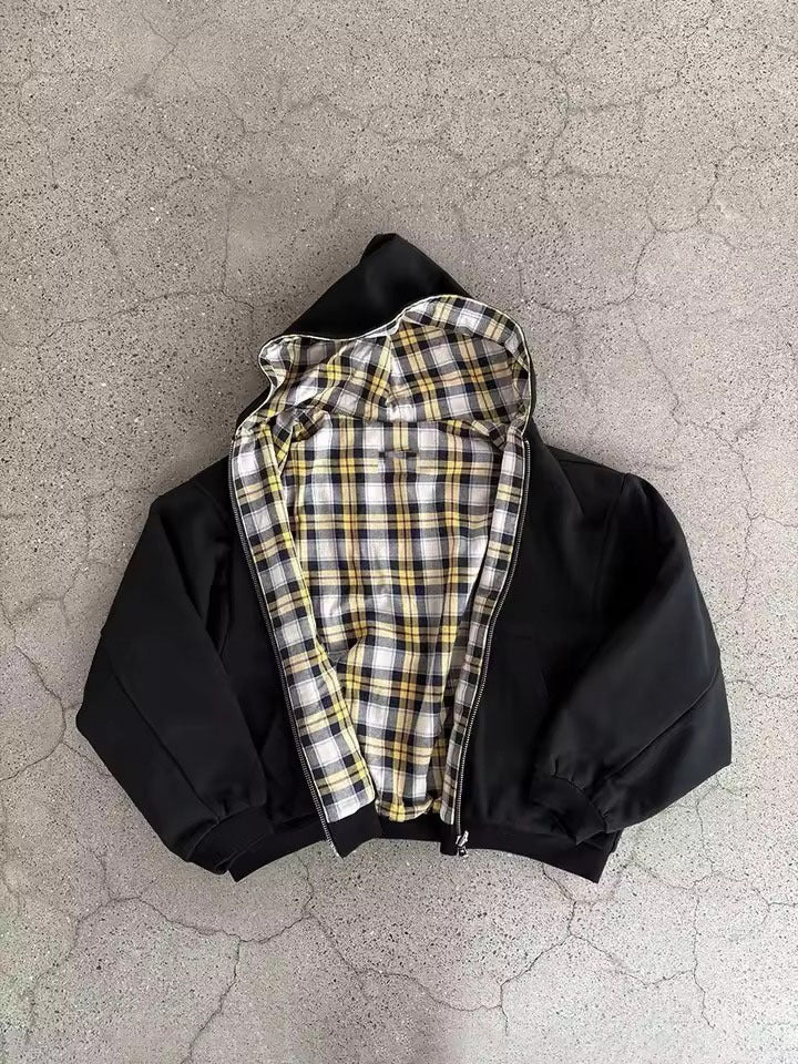 Unisex nan gefütterte Kapuzenjacke mit kariertem Flanellfutter und Reißverschluss R&B
