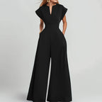 Damen Eleganter Jumpsuit mit Weitem Bein und Schalkragen R&B
