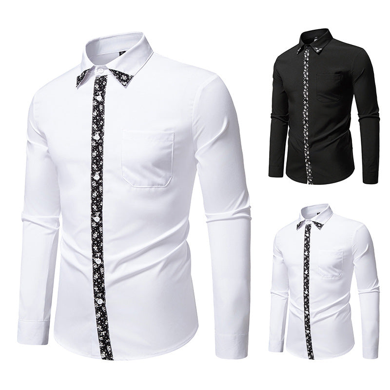 Herren elegantes Langarmhemd mit floralem Kragen und Brusttasche R&B